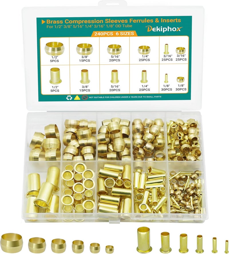 Dekiphox 240PCS Brass Compression Sleeves Ferrules Inserts, 6 Sizes 1/2" 3/8" 5/16" 1/4" 3/16" 1/8" Tube OD Compression Fittings Assortment Kit for Air Water Fuel Oil and Inert Gases Line Connection - Image 1